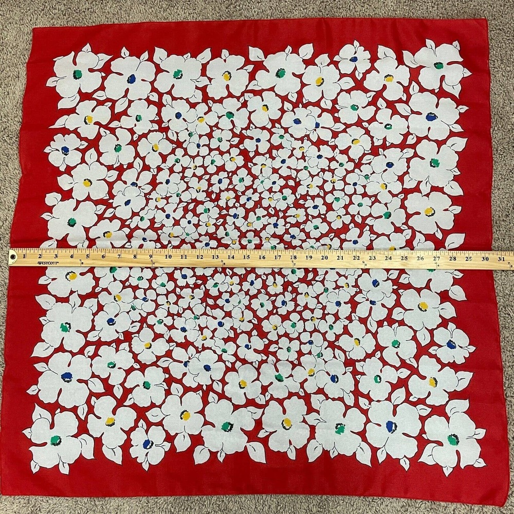 Vintage Square Scarf Red White Floral Print Large 30" Hair Scarf Kerchief Neck - Picture 5 of 5